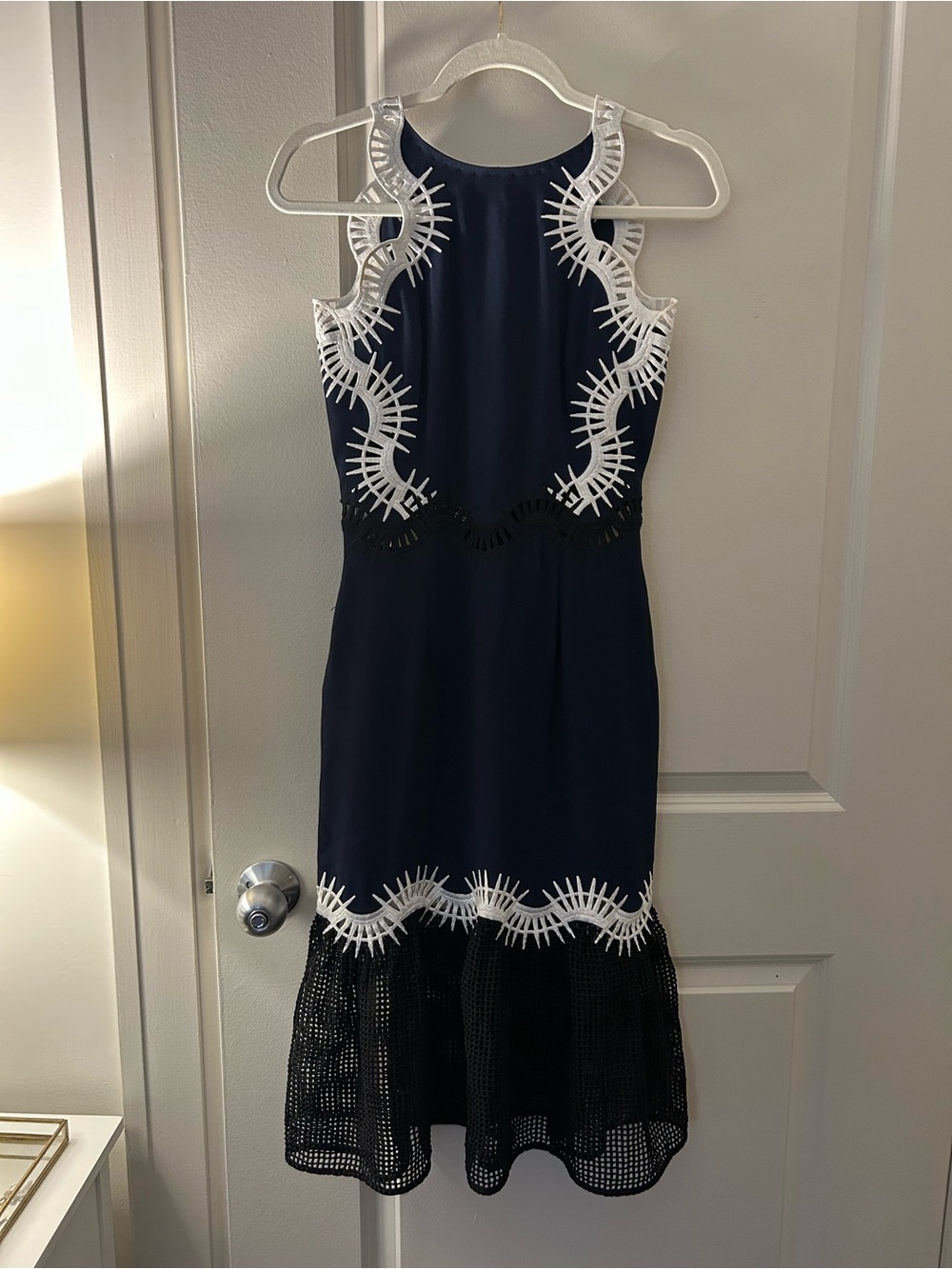 Jonathan Simkhai Navy Black and White Lace-Trim Midi Dress